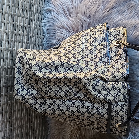 Anya Hindmarch logo blue and gray canvas tote leather handles leather